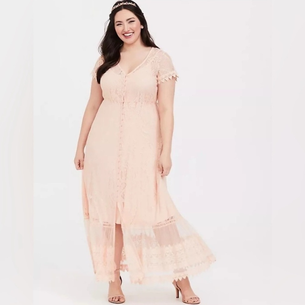 Torrid Pink Maxi Sundress with Flutter Sleeves and Vintage Blush button lace